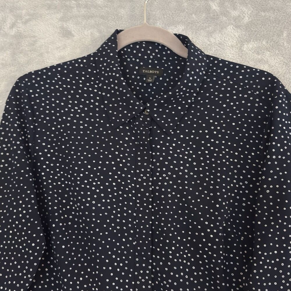 Talbots Blouse Womens Large Navy Blue White Polka Dot Button Down Shirt